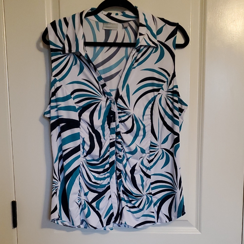 Stylish Women's Sleeveless Top - Navy and Teal Pattern New York & Company